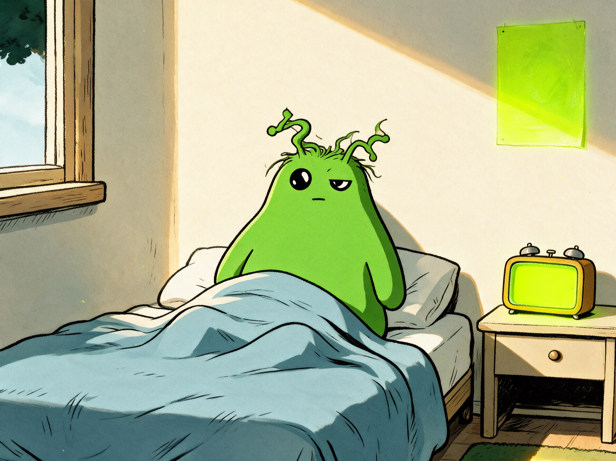 Bwob tucked into his goo bed, glowing softly in the dark