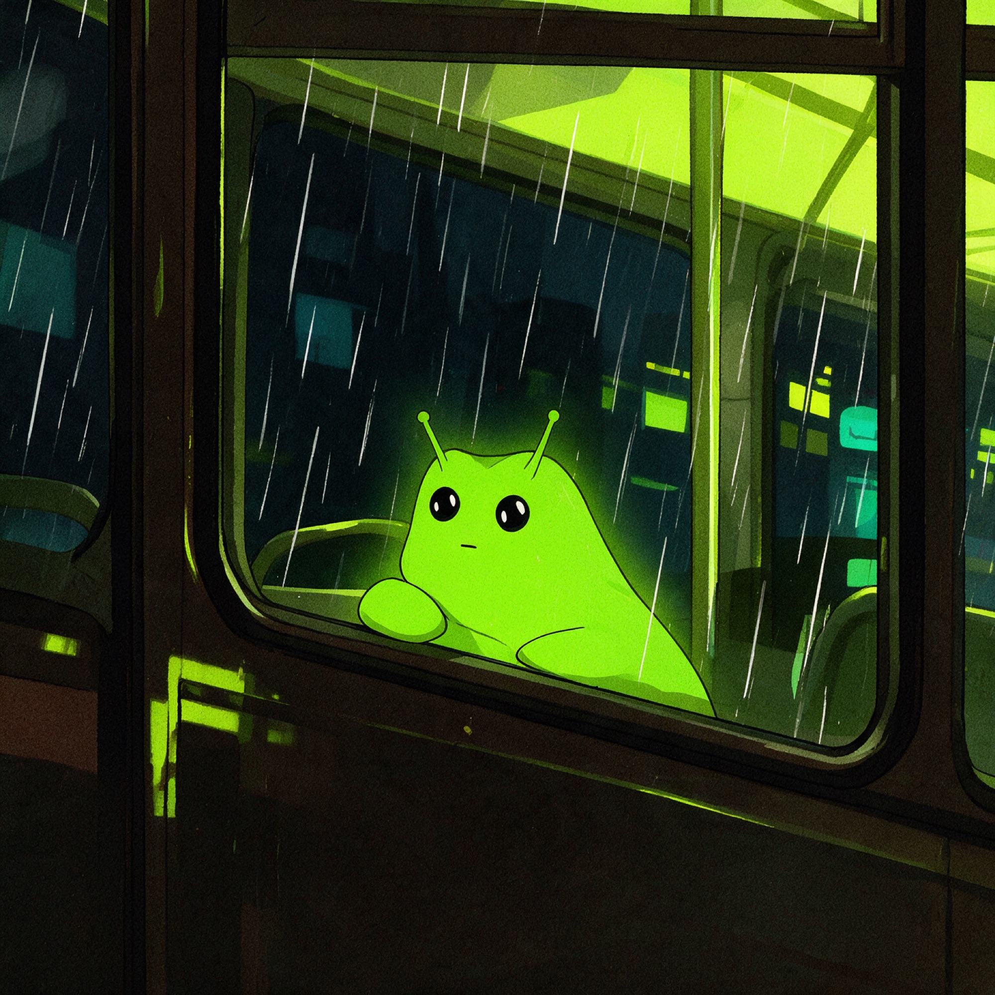 Bwob meme: Bwob pressed to the bus window, watching the night go by