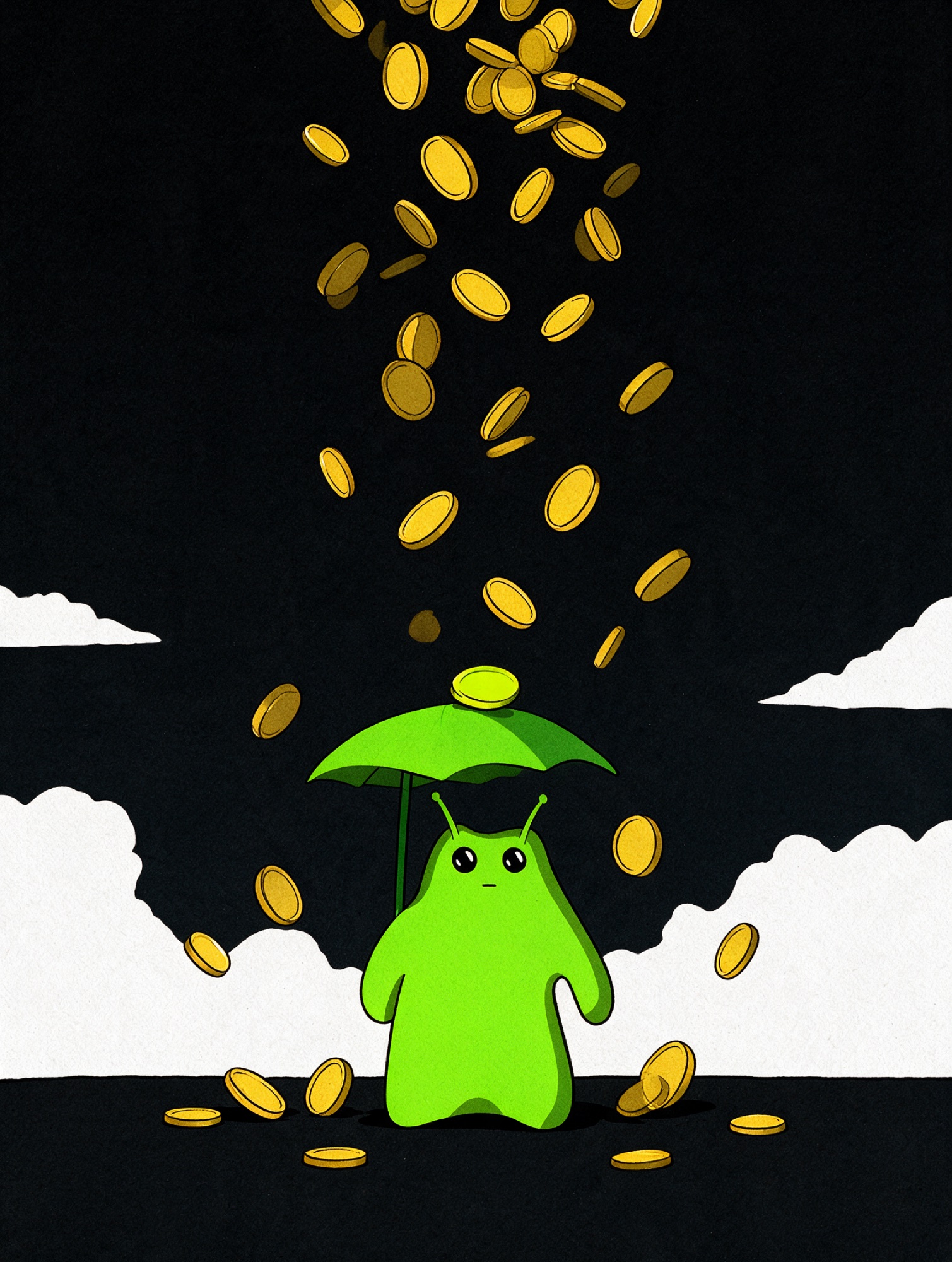 Bwob meme: Bwob grinning under a heavy rain of coins
