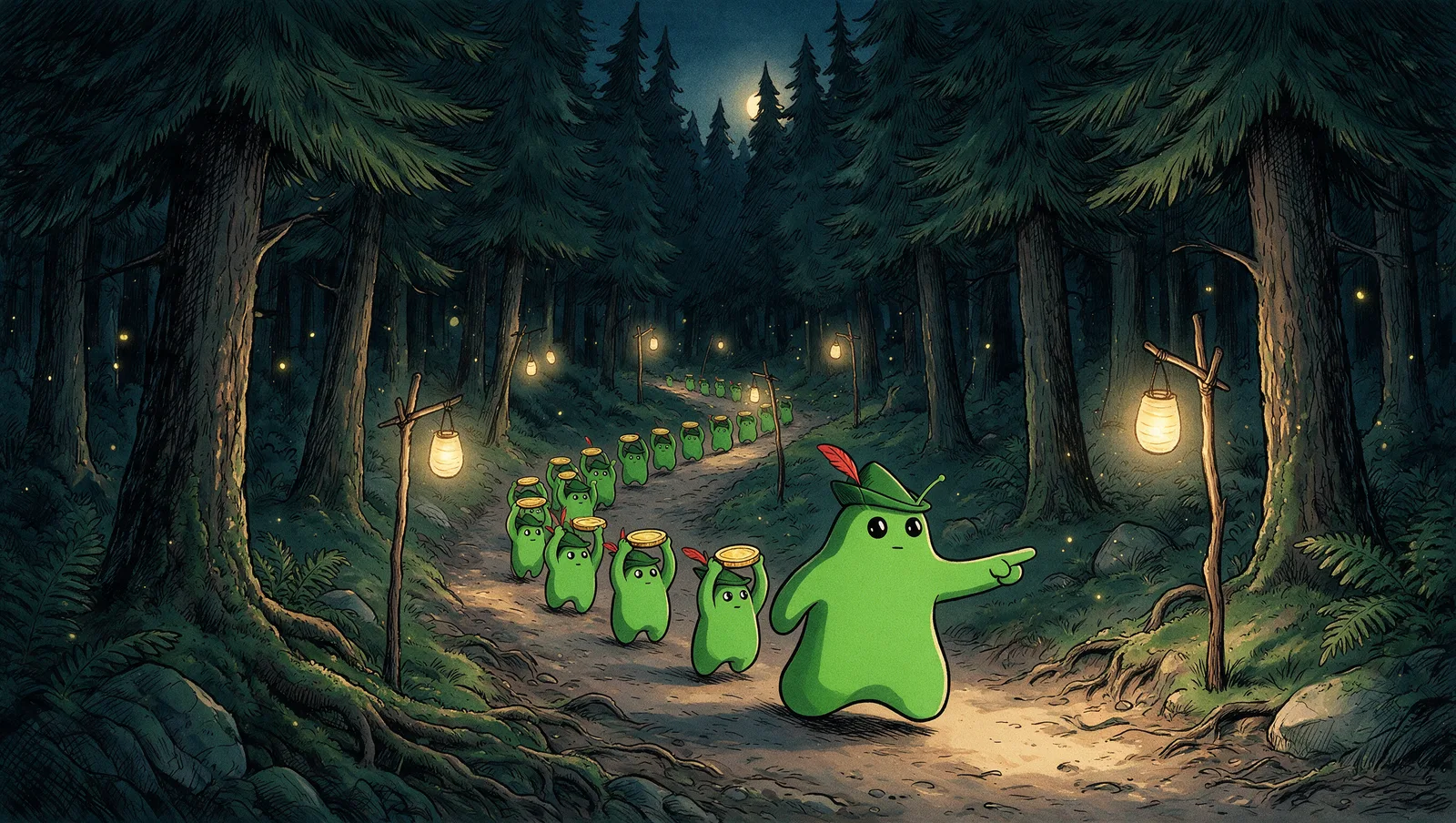 Hooded blob crowd marching at night with lanterns