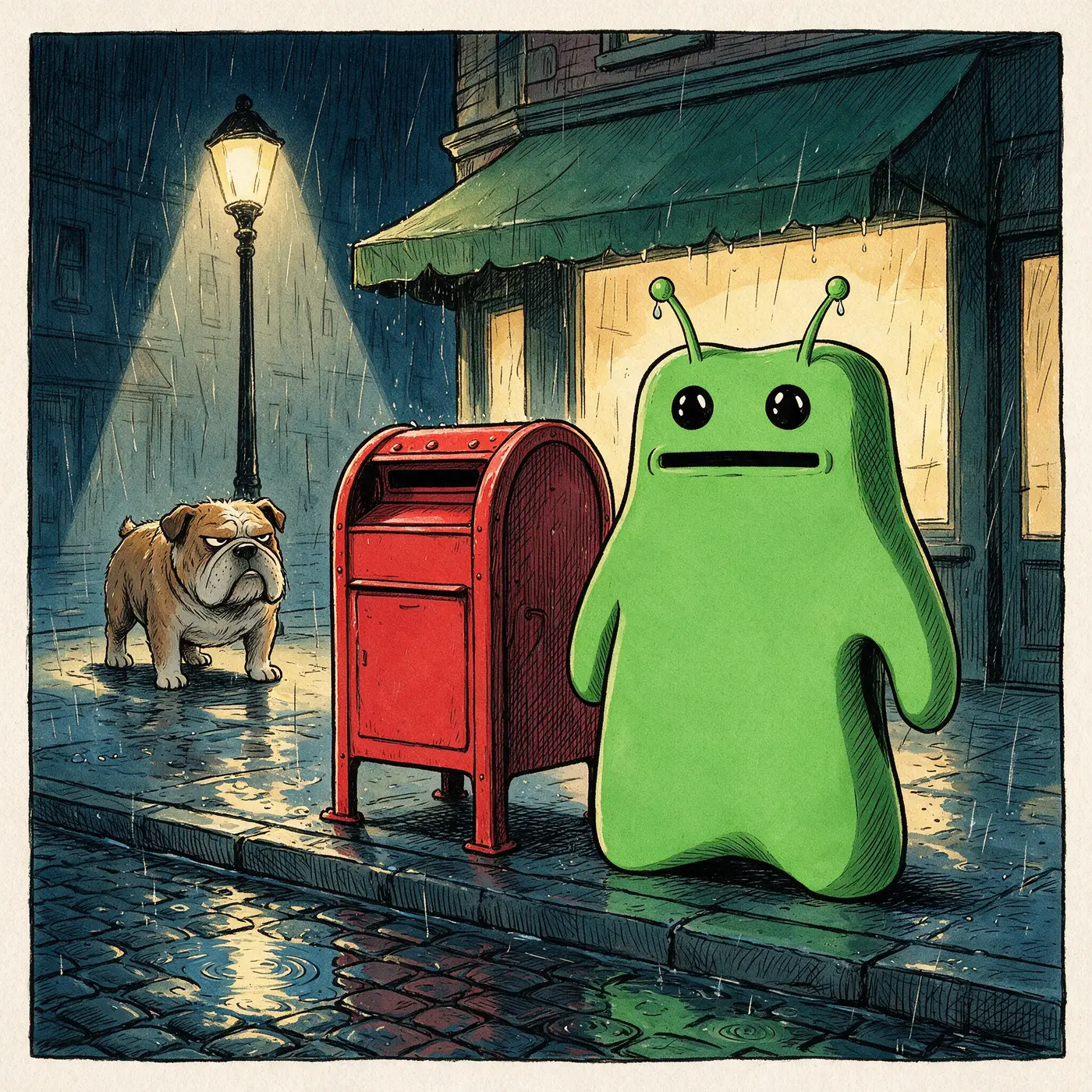 Bwob keyart: Bwob waiting deadpan beside a red mailbox on a rainy night street while a bulldog stares from the lamplight