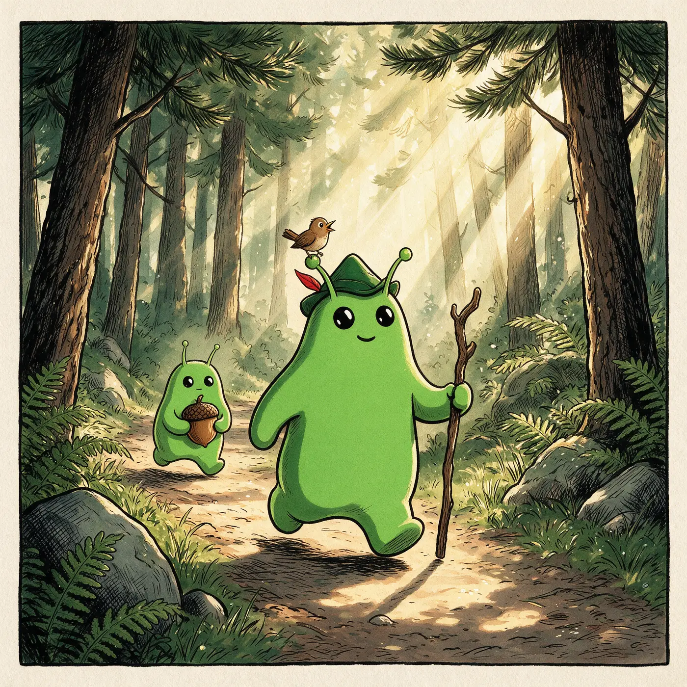 Bwob art: Bwob strolling a sunlit forest path with a walking stick, a songbird riding his hat and a small bwob carrying an acorn behind